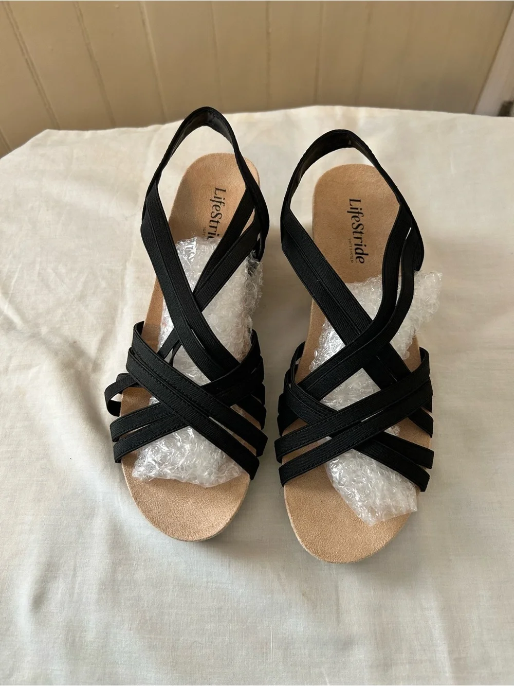 Life Stride Mallory Black Strappy Cork Wedge Sandals Size 8.5 M/NWOT